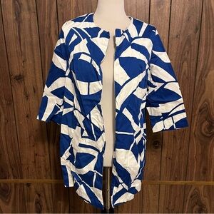 Chico’s Blue/White Geometric  3/4 Sleeve Blazer W/pockets Open Long Jacket  Sz 0